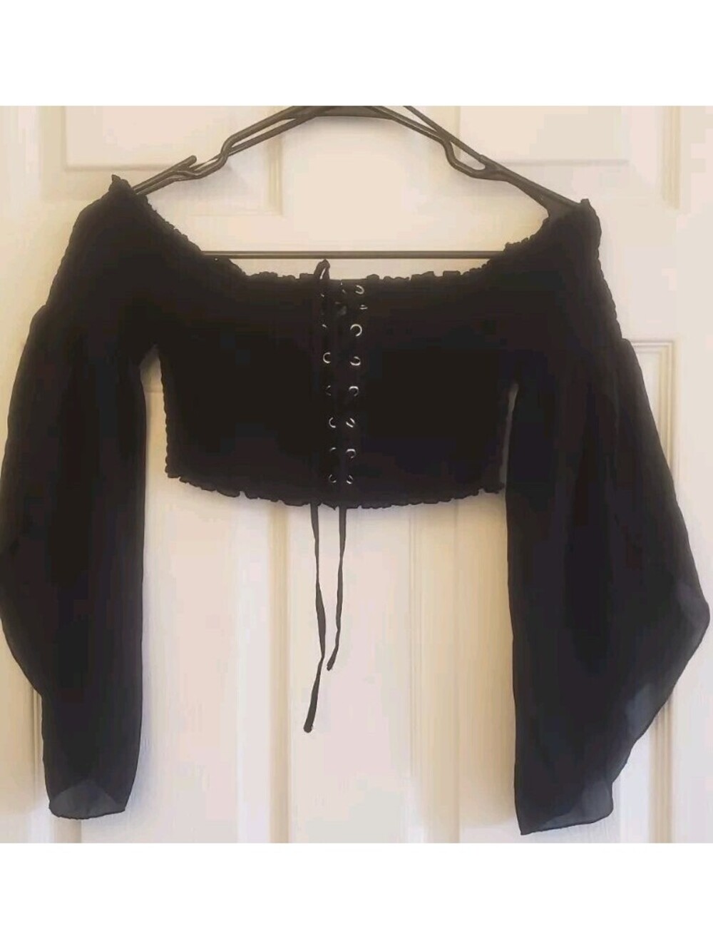 Goth Renaissance Witchy BLACK TOP Lace Up Whimsigoth Flowy Sleeve Fairy